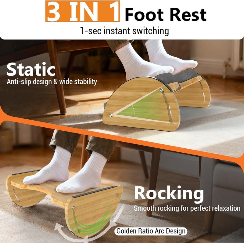 FOXHIVE Bamboo Foot Rest for Under Desk at Work - 3-in-1 Reversible Rocking Under Desk Footrest with Foam Cushion and 6 Adjustable Heights, Ergonomic Foot Rest with Washable Cover for Home, Office and Gaming - Image 3